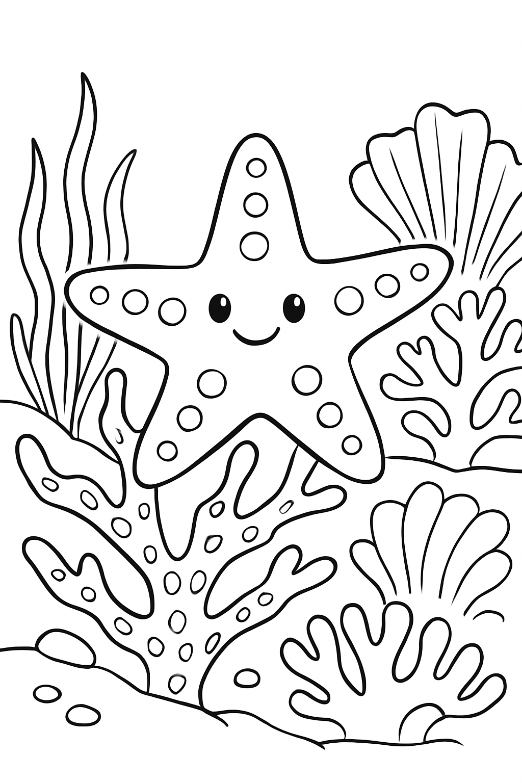 A detailed starfish coral reef coloring page with clean outlines and sea life.