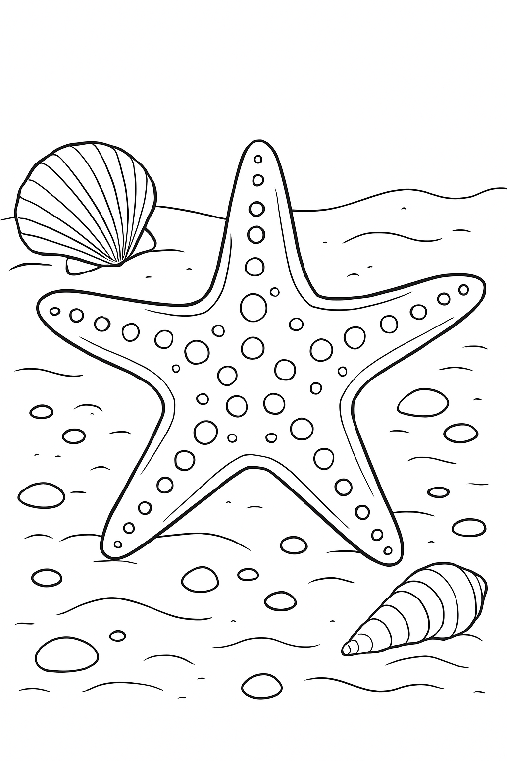 Detailed starfish coloring page featuring natural textures on a sandy ocean floor background.