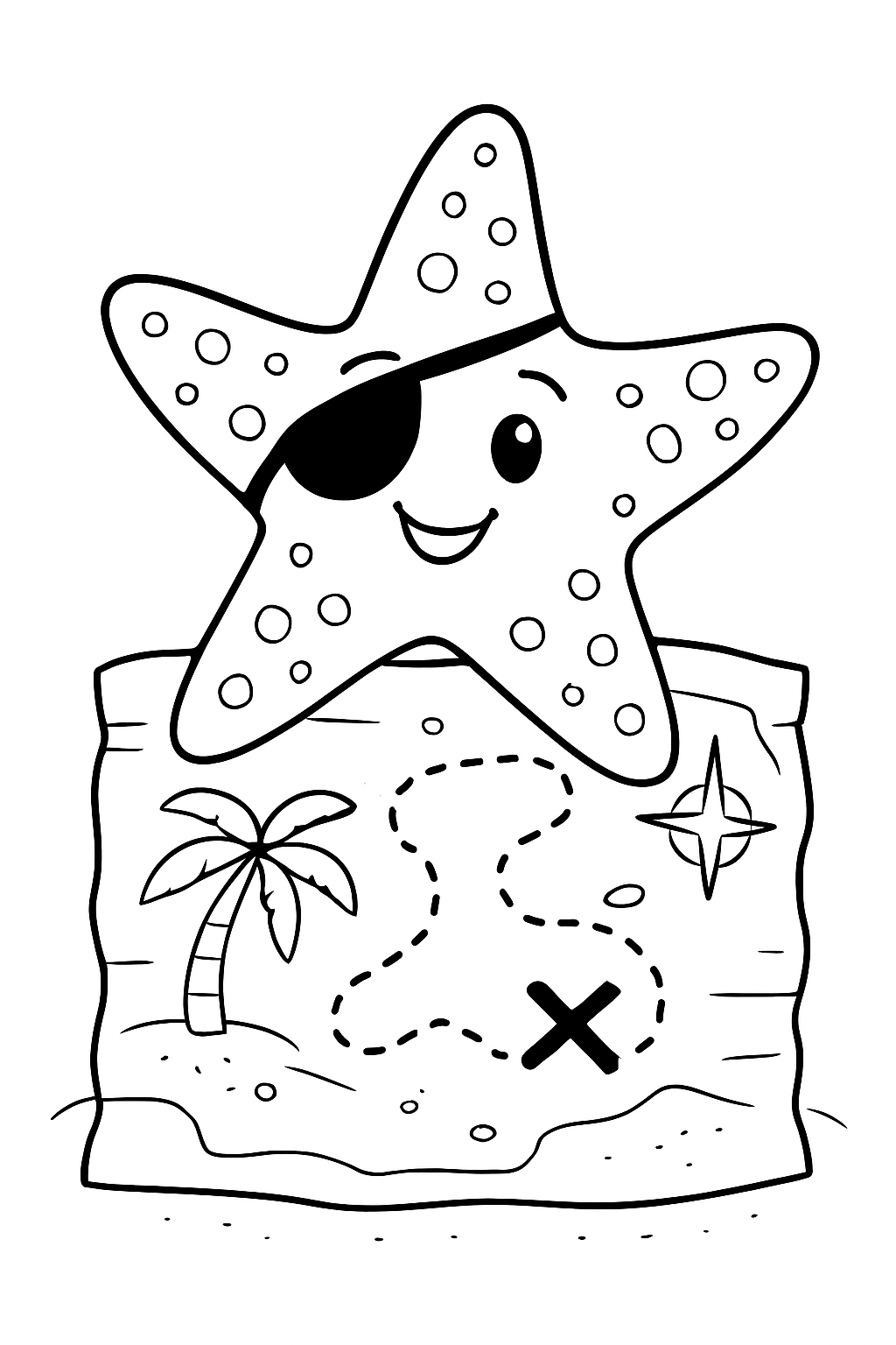 A happy starfish reading an old treasure map in a detailed starfish treasure map coloring page.