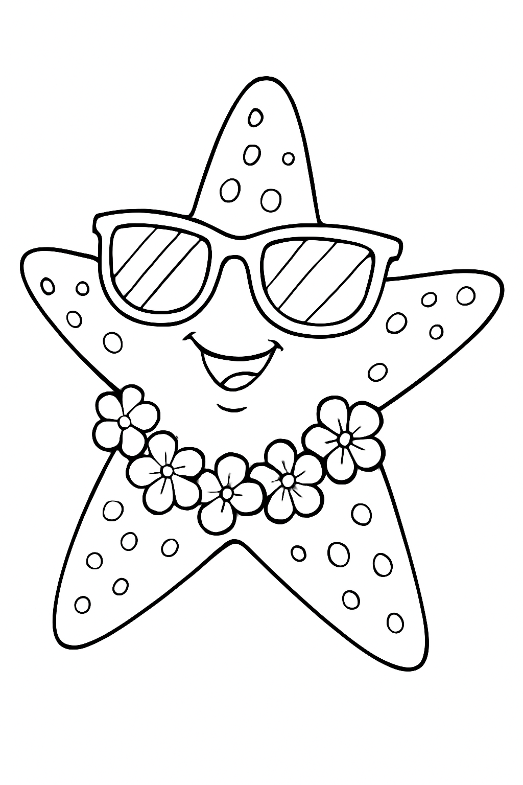 A happy starfish wearing sunglasses and a flower lei in this fun starfish coloring page.