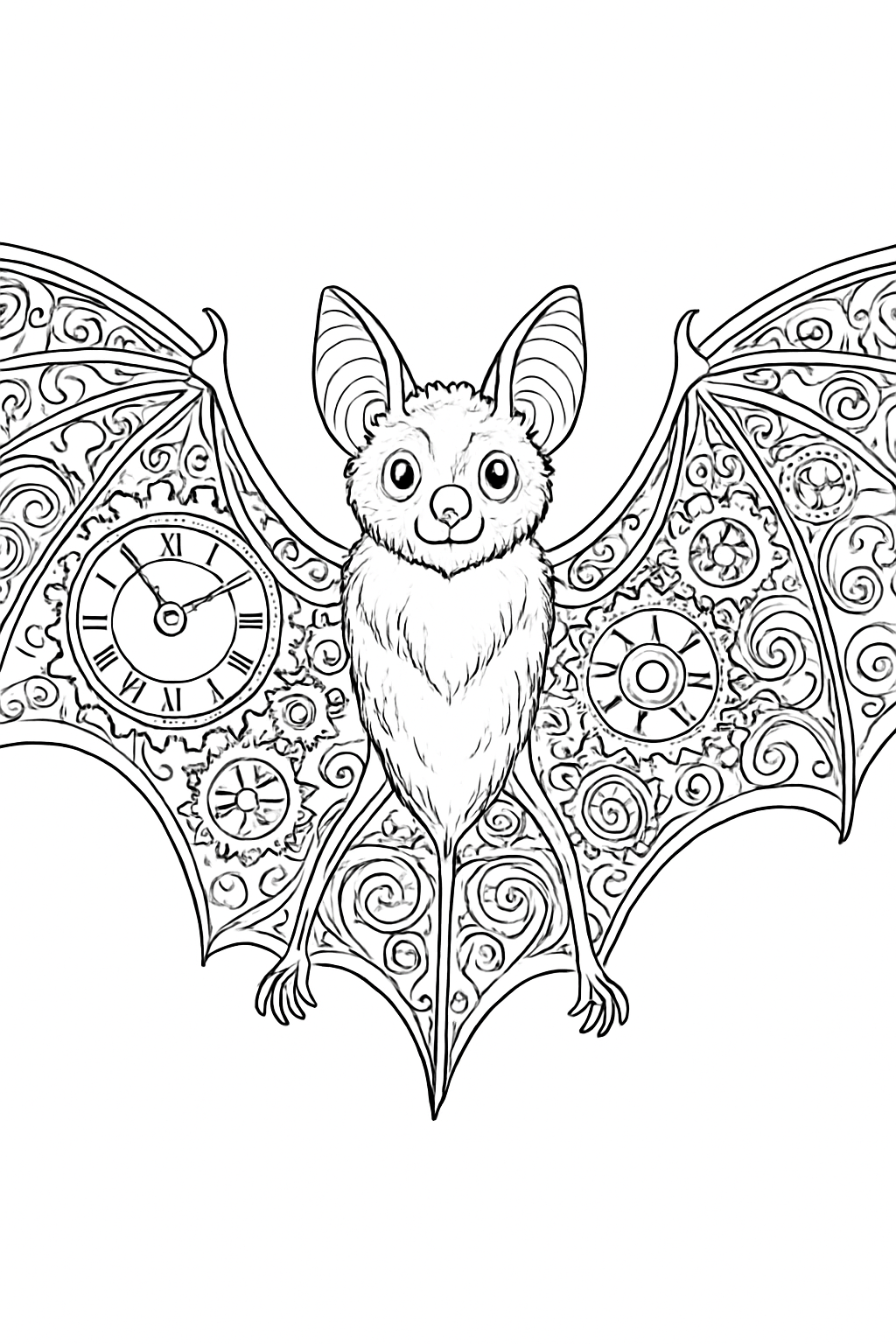 Highly detailed steampunk bat coloring page with intricate gear patterns on wings and body.
