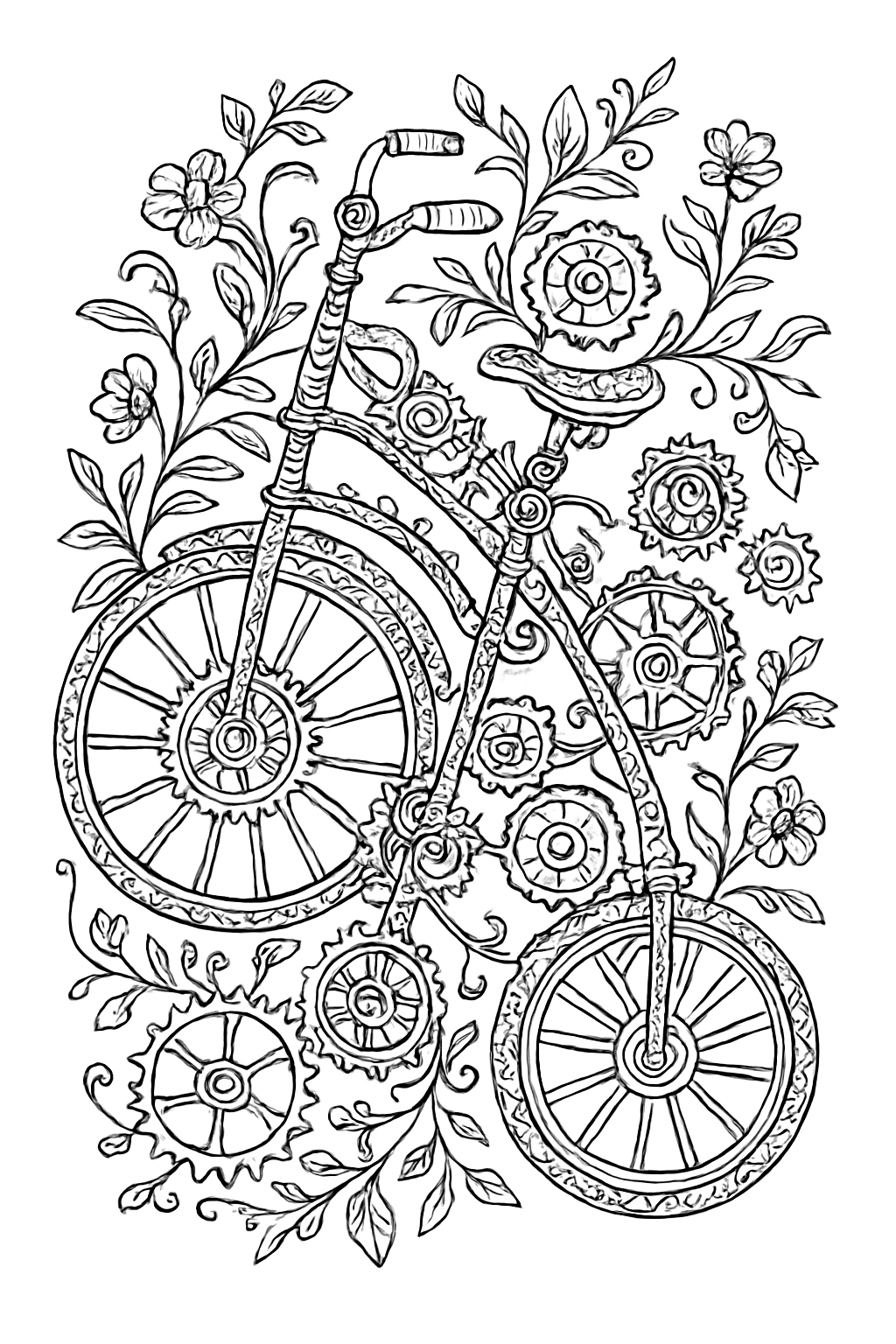 A detailed steampunk bicycle coloring page filled with intricate mechanical gears and swirling floral patterns.