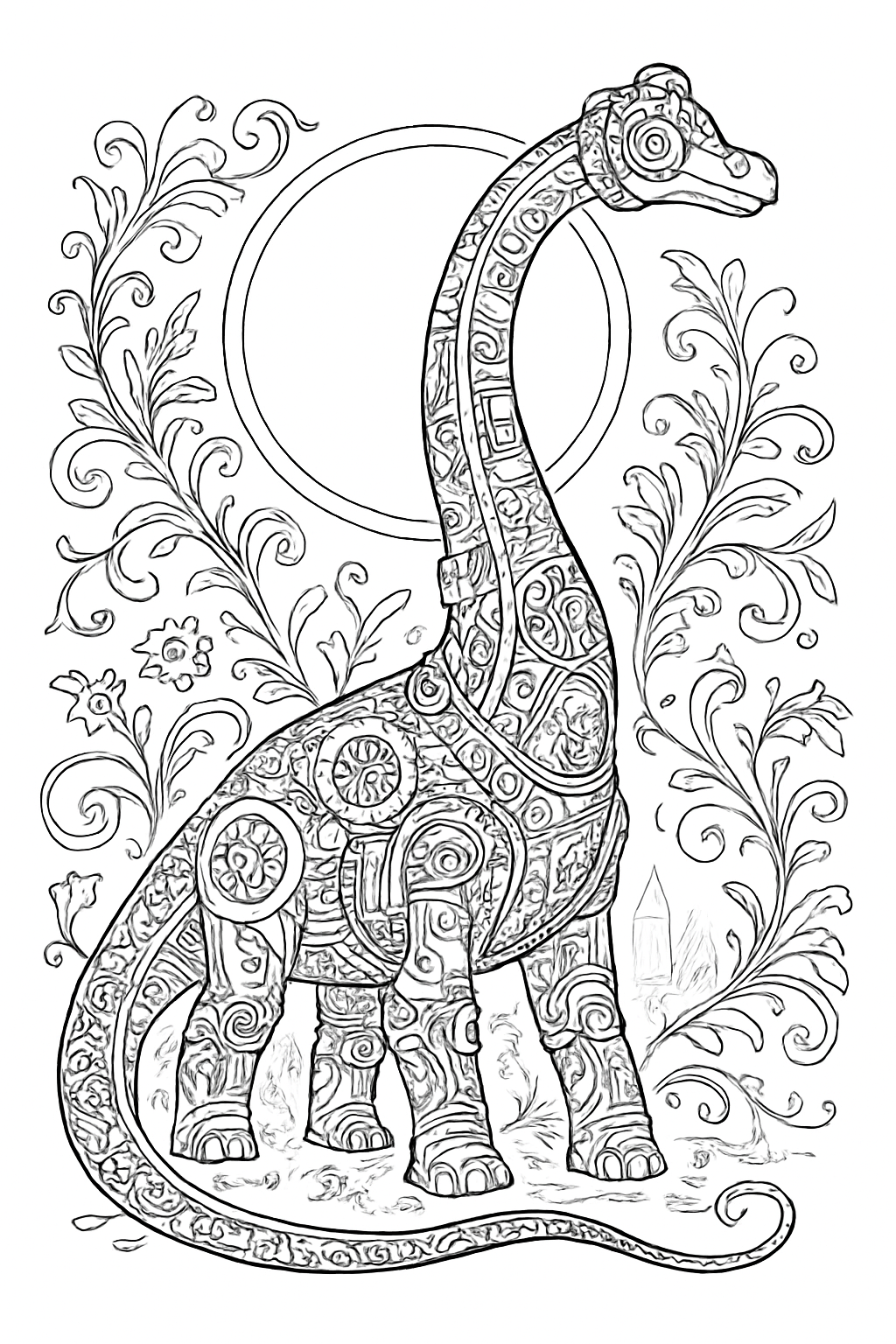 Detailed steampunk brachiosaurus coloring page with clockwork gears and floral patterns for creative coloring.