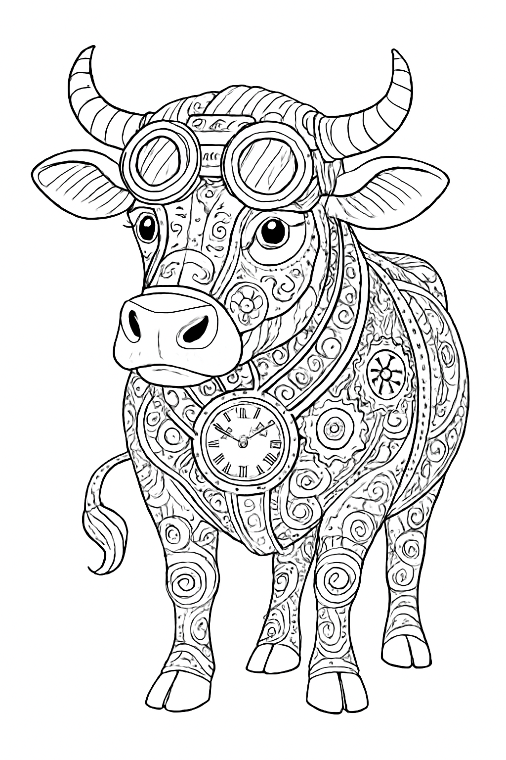 A highly detailed steampunk cow coloring page featuring mechanical gears and intricate patterns.