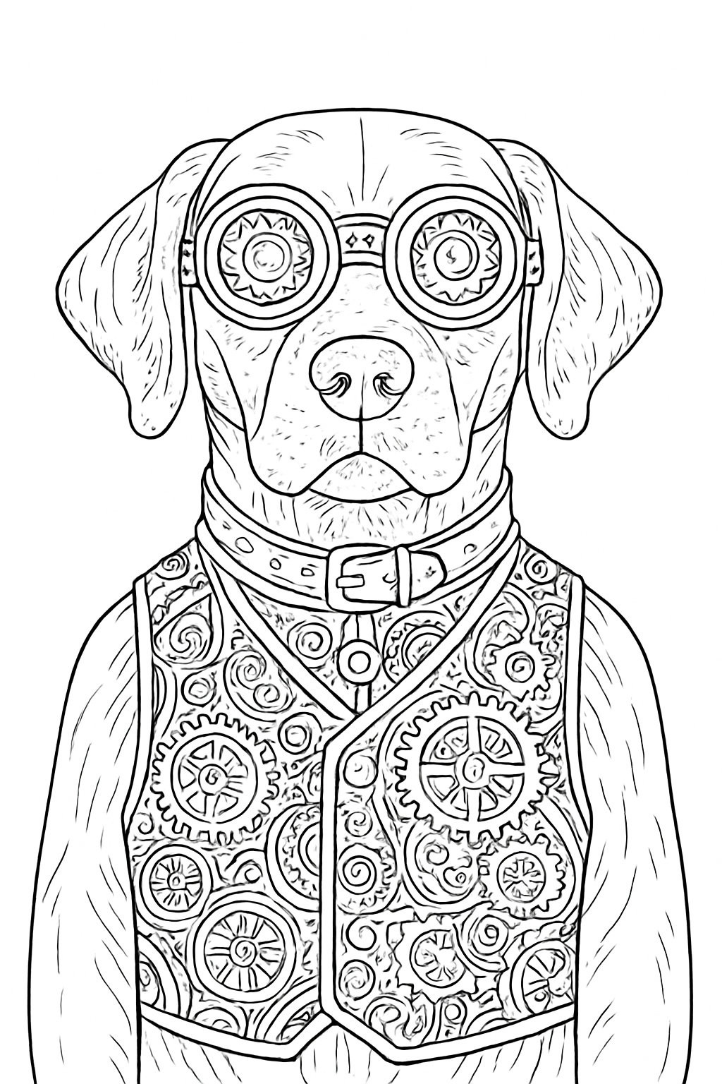 Detailed steampunk dog coloring page featuring mechanical gears and clockwork patterns for advanced coloring.