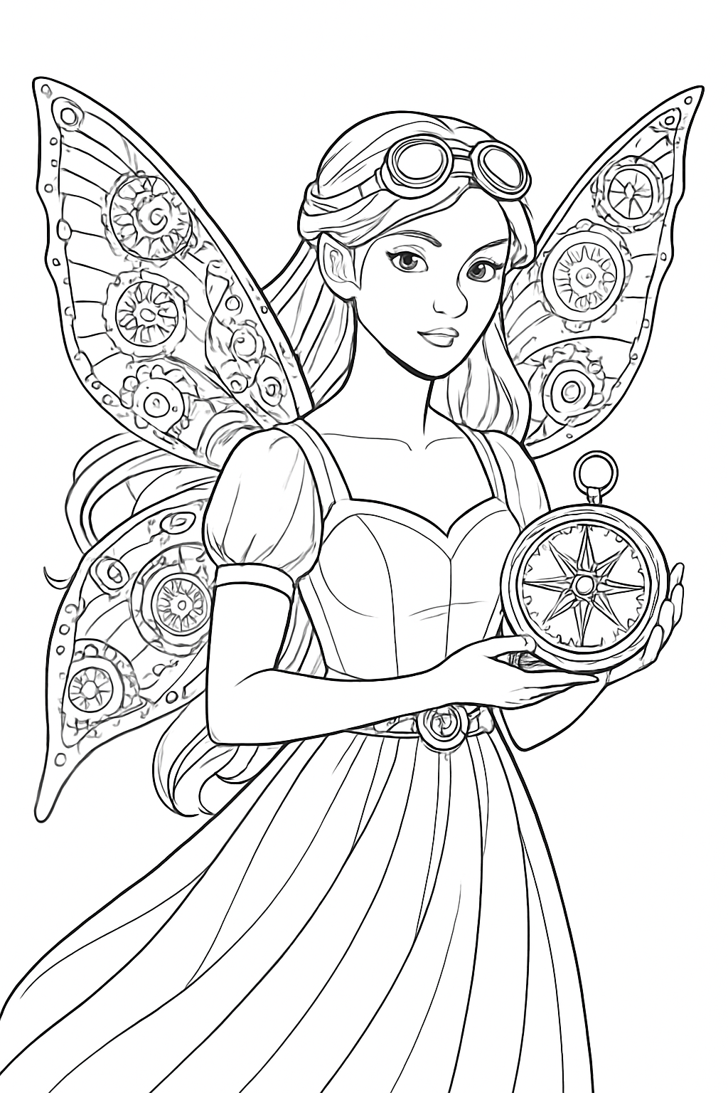 A detailed steampunk fairy coloring page featuring mechanical wings and intricate gears.