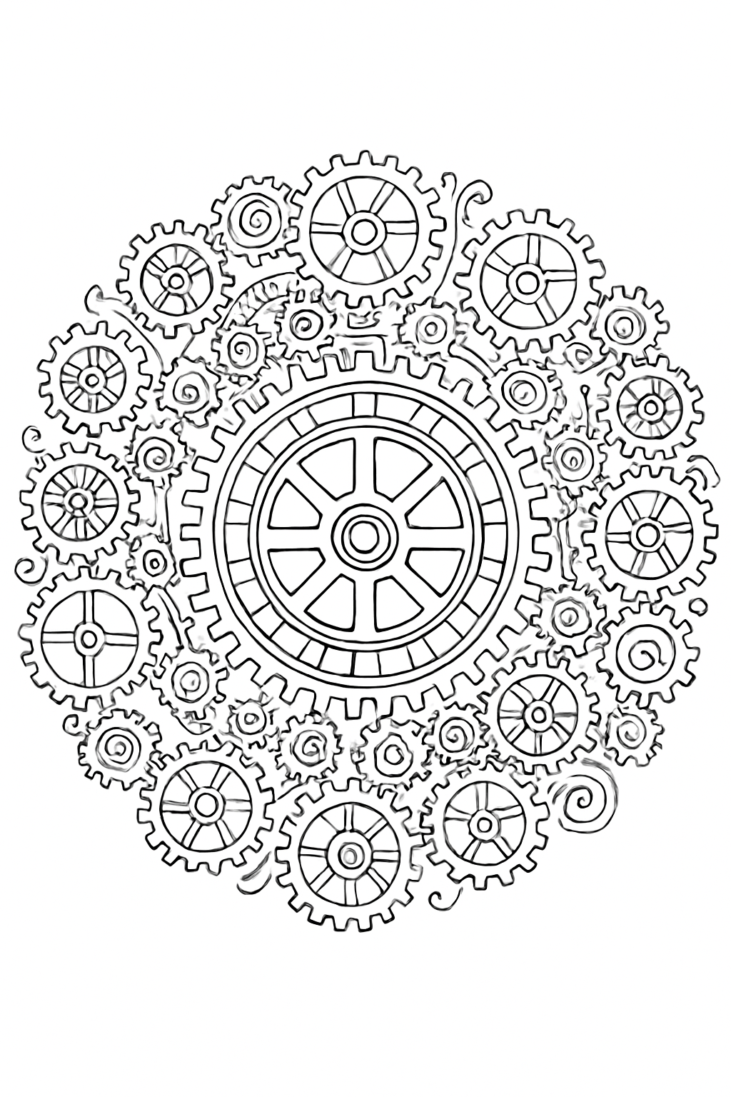 A detailed steampunk gear mandala coloring page featuring interlocking mechanical cogs and circular patterns.