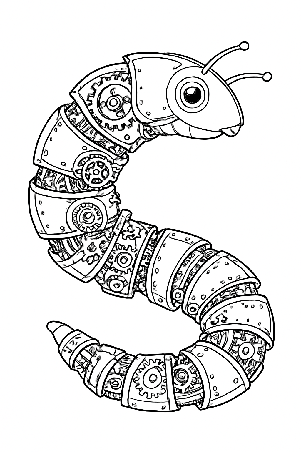 Detailed mechanical worm coloring page with steampunk gear patterns and clean black lines.