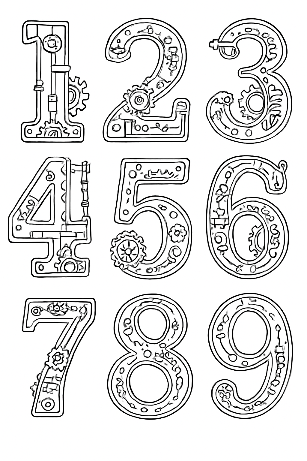 Steampunk numbers coloring page featuring stylized digits surrounded by intricate mechanical gears and clockwork.