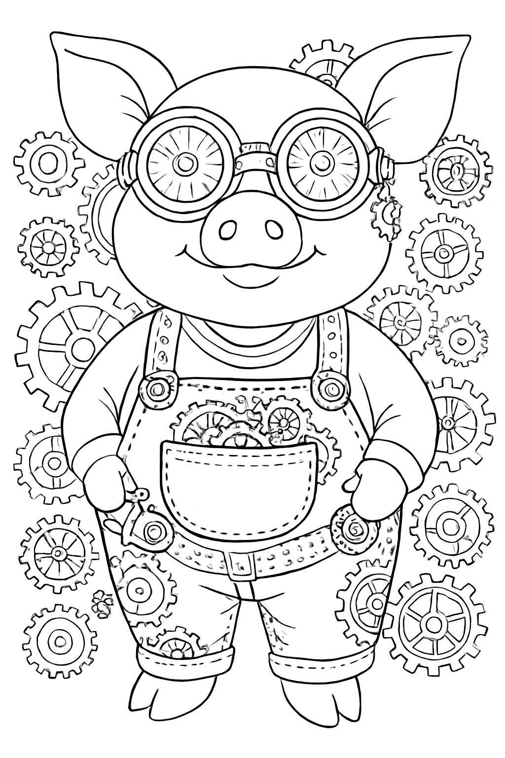 Highly detailed steampunk pig coloring page with mechanical gears and goggles.
