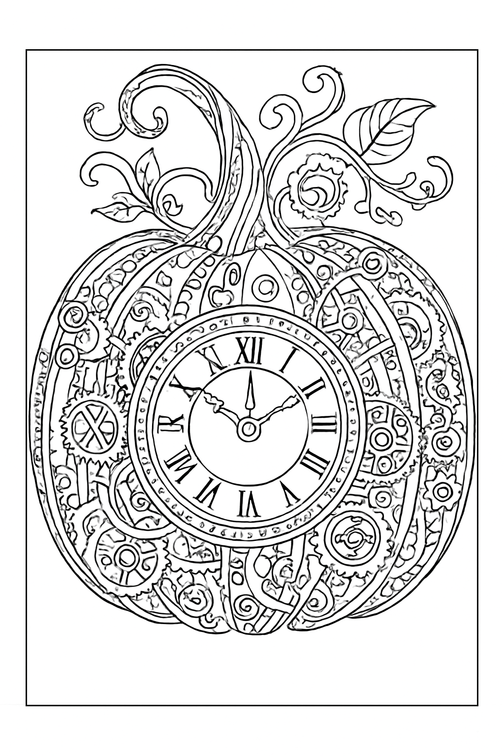 Highly detailed steampunk pumpkin coloring page with clockwork gears and intricate patterns.