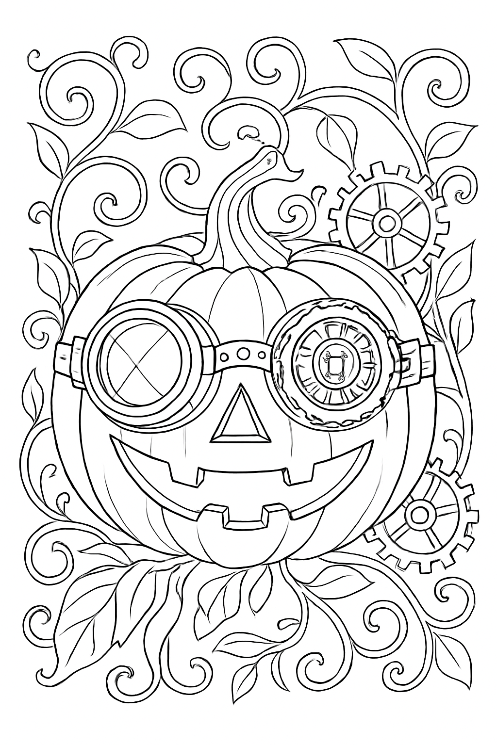 Detailed steampunk jack o lantern coloring page with mechanical gear patterns and decorative autumn vines.