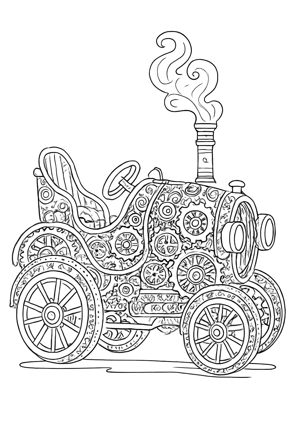 Detailed steampunk race car coloring page with gears and intricate patterns for advanced colorists.