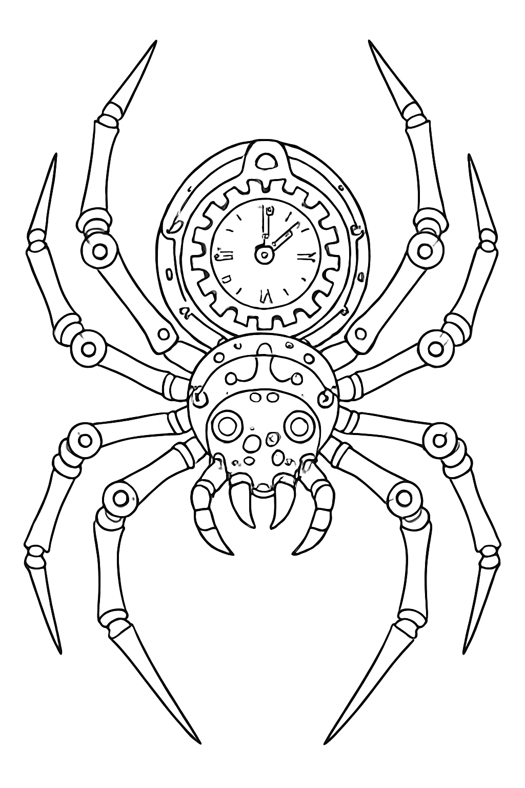 Detailed steampunk spider coloring page with mechanical gear patterns on white background.
