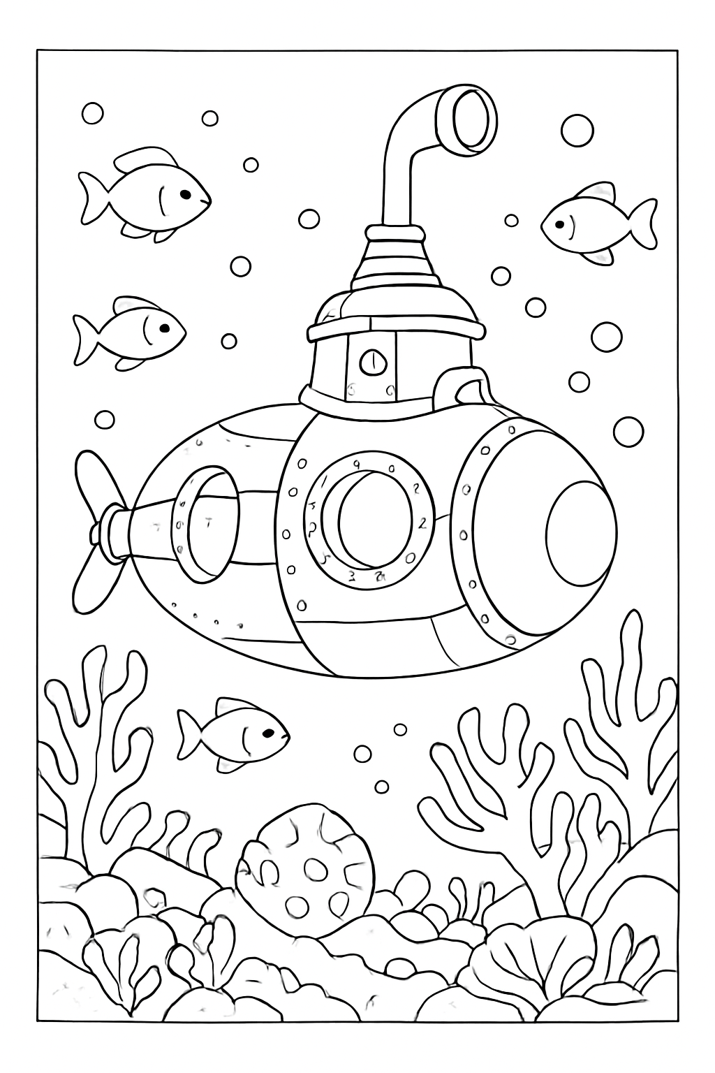 Detailed submarine coloring page featuring a steampunk vessel exploring coral reefs and sea life.