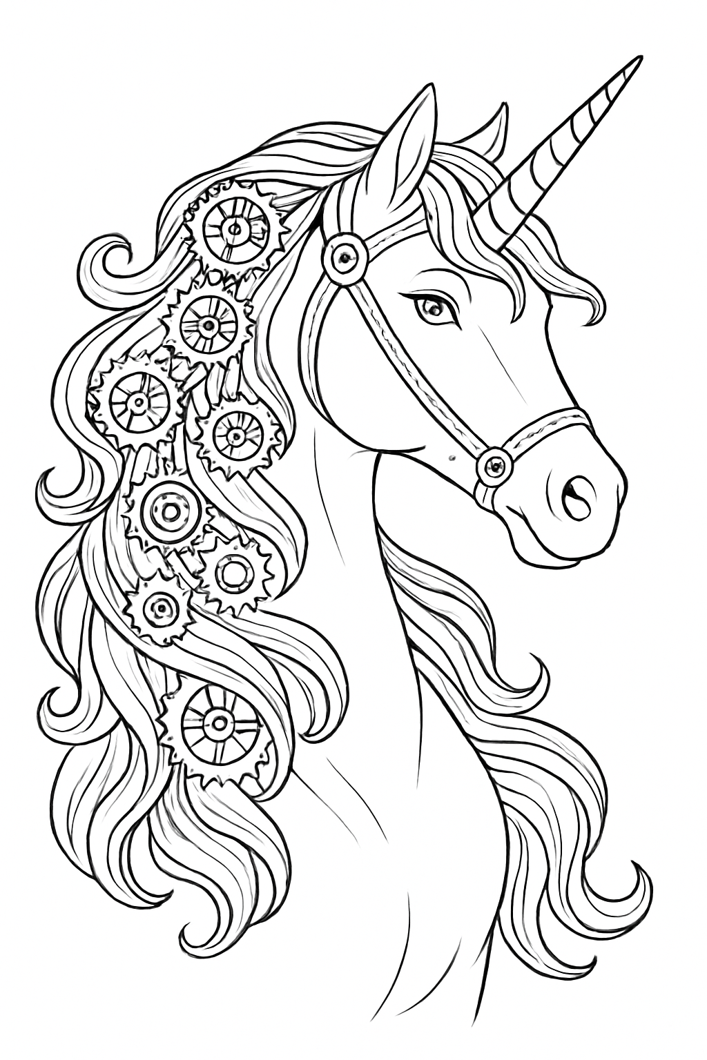 Detailed steampunk unicorn coloring page with mechanical gear patterns and floral accents.
