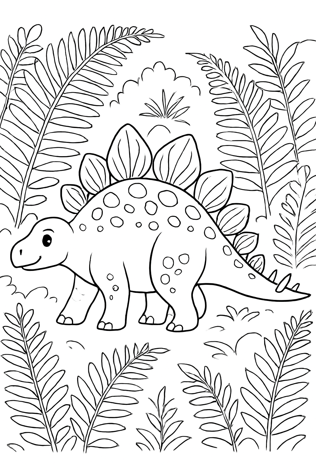 A detailed stegosaurus coloring page featuring a friendly dinosaur surrounded by prehistoric plants.