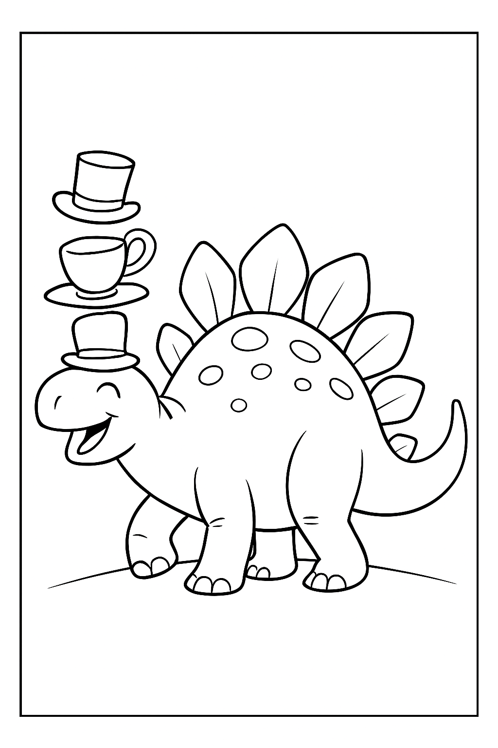 A happy Stegosaurus wearing a hat in this fun stegosaurus coloring page.