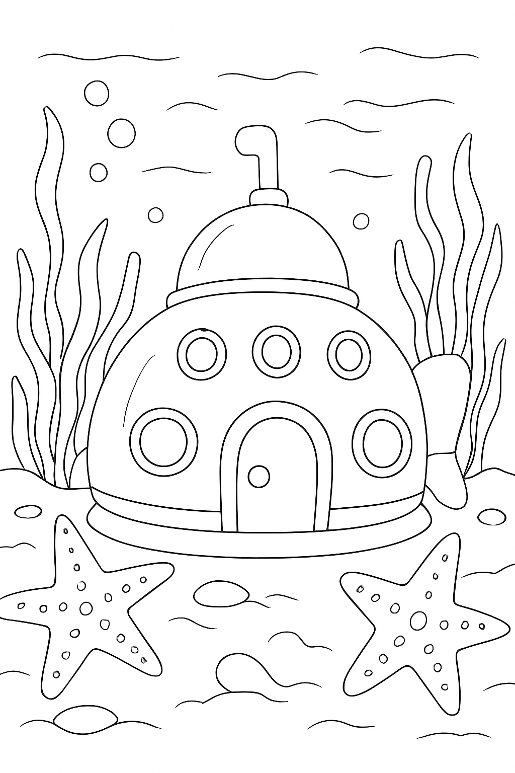 A friendly bubble-shaped submarine in an underwater city coloring page with simple, bold lines.