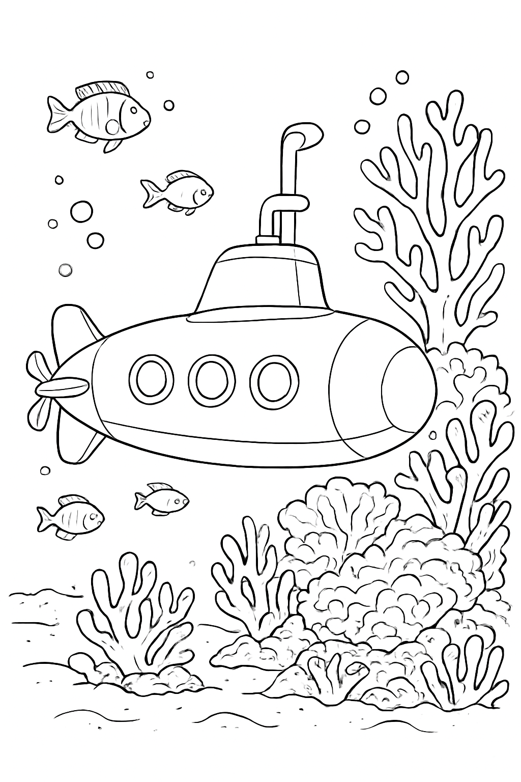A detailed submarine coral reef coloring page featuring an underwater vessel and vibrant sea life.