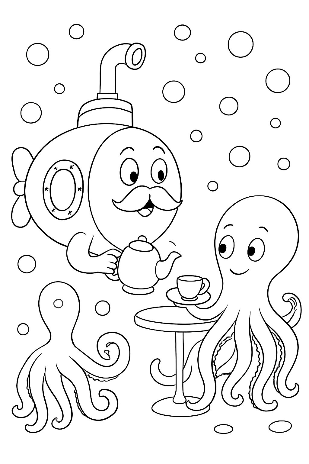 A happy submarine serving tea to an octopus in this submarine tea party coloring page.