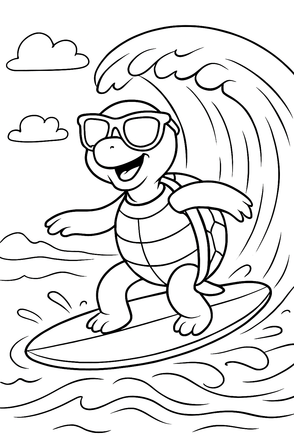 A cool turtle wearing sunglasses on a surfboard in this surfing turtle coloring page.