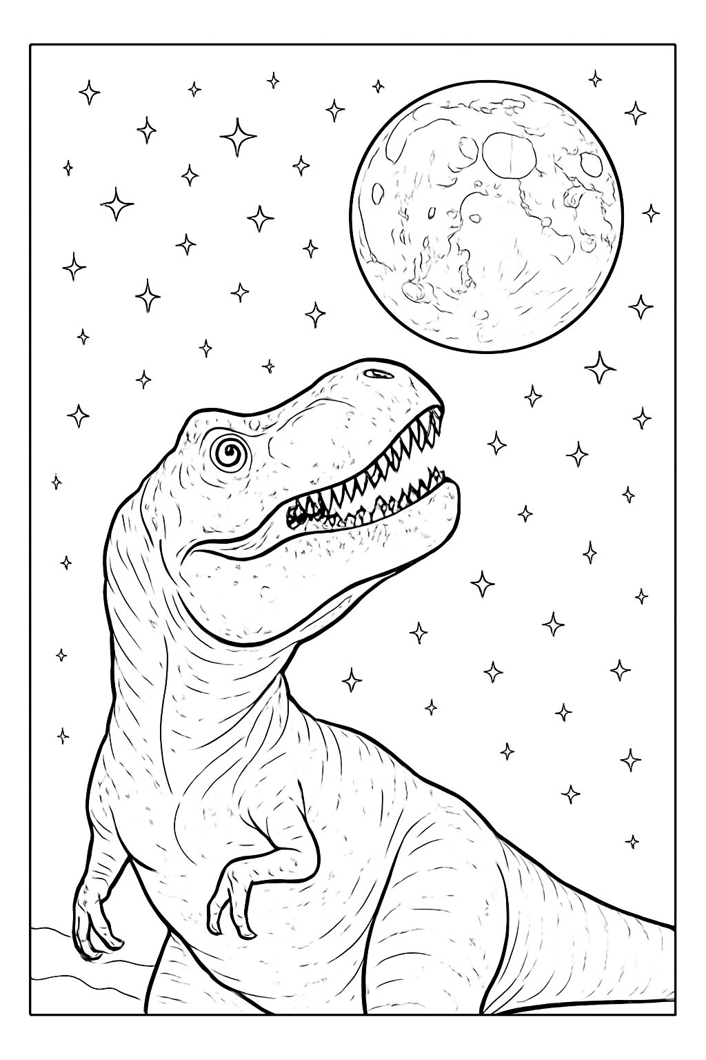 A realistic T-Rex stargazing at the night sky in this detailed coloring page.