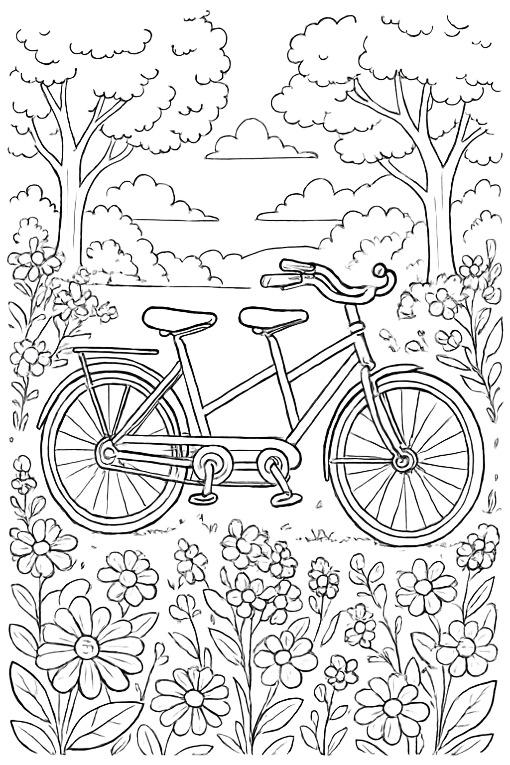 A detailed tandem bike coloring page featuring a scenic park background with flowers and clean outlines.