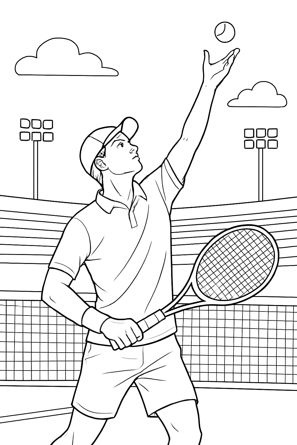 A realistic tennis match coloring page featuring a player serving the ball.
