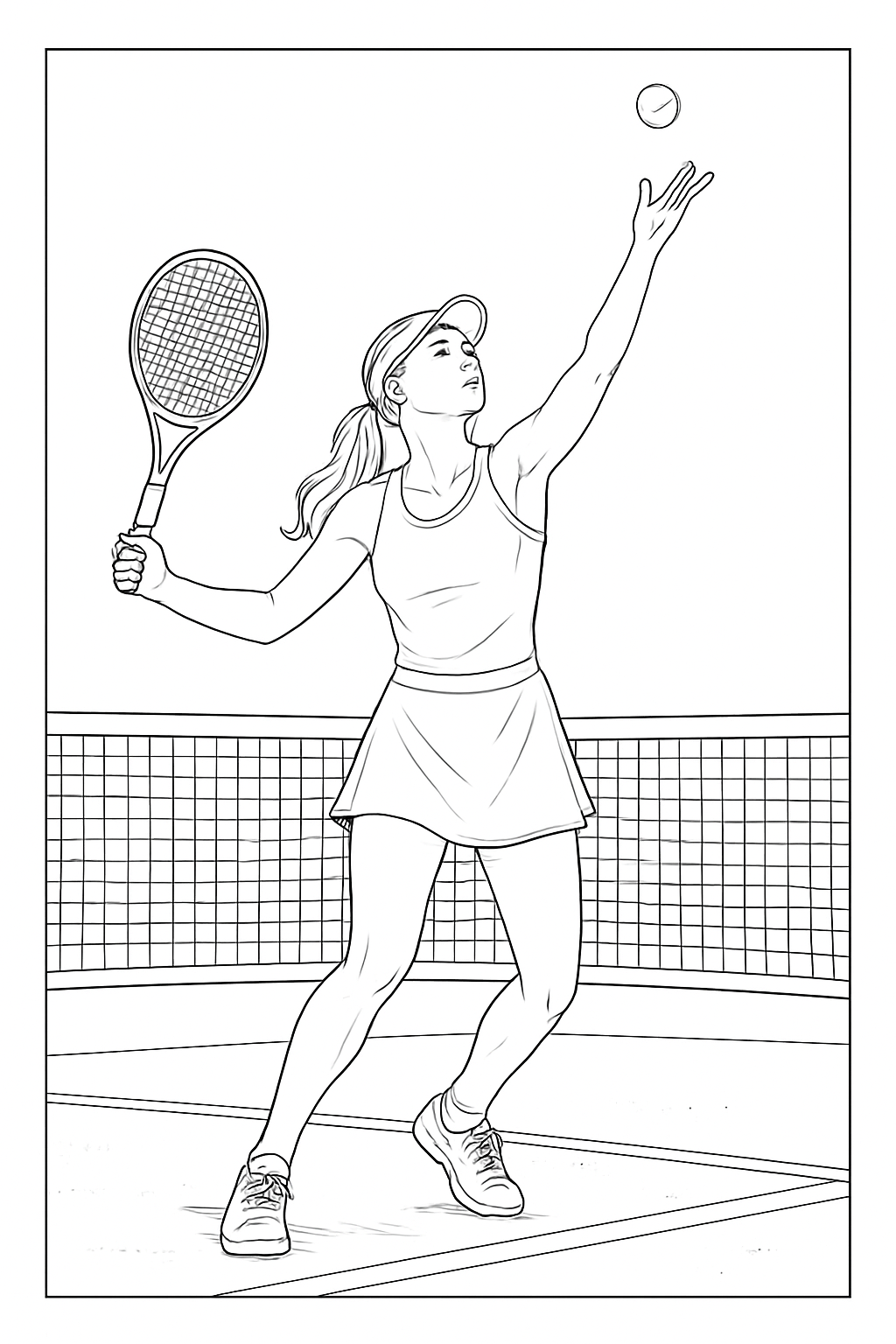 A realistic tennis player serving the ball on a tennis court, perfect for a fun tennis coloring page.