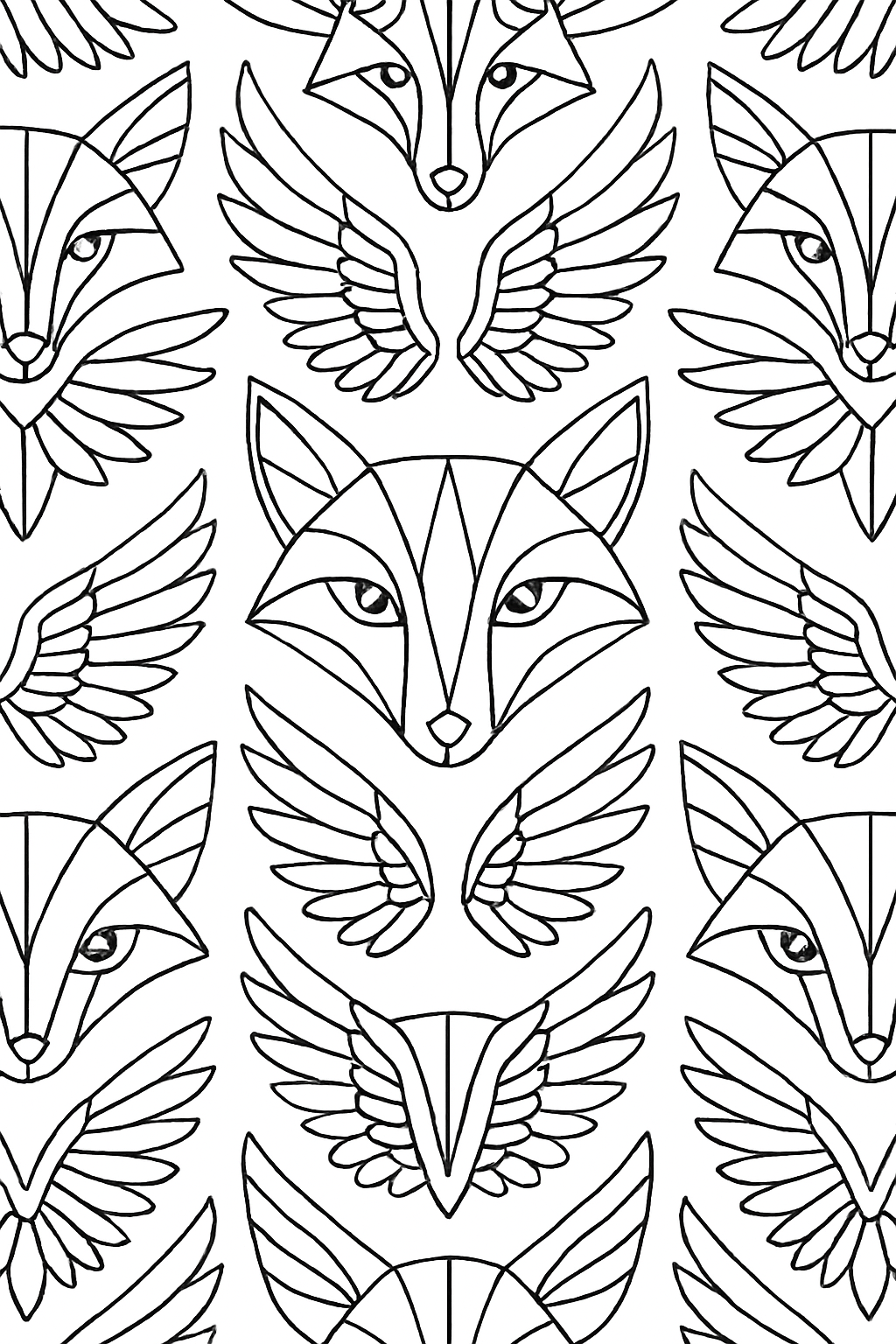 A creative geometric animal coloring page with repeating fox and bird shapes and bold outlines.