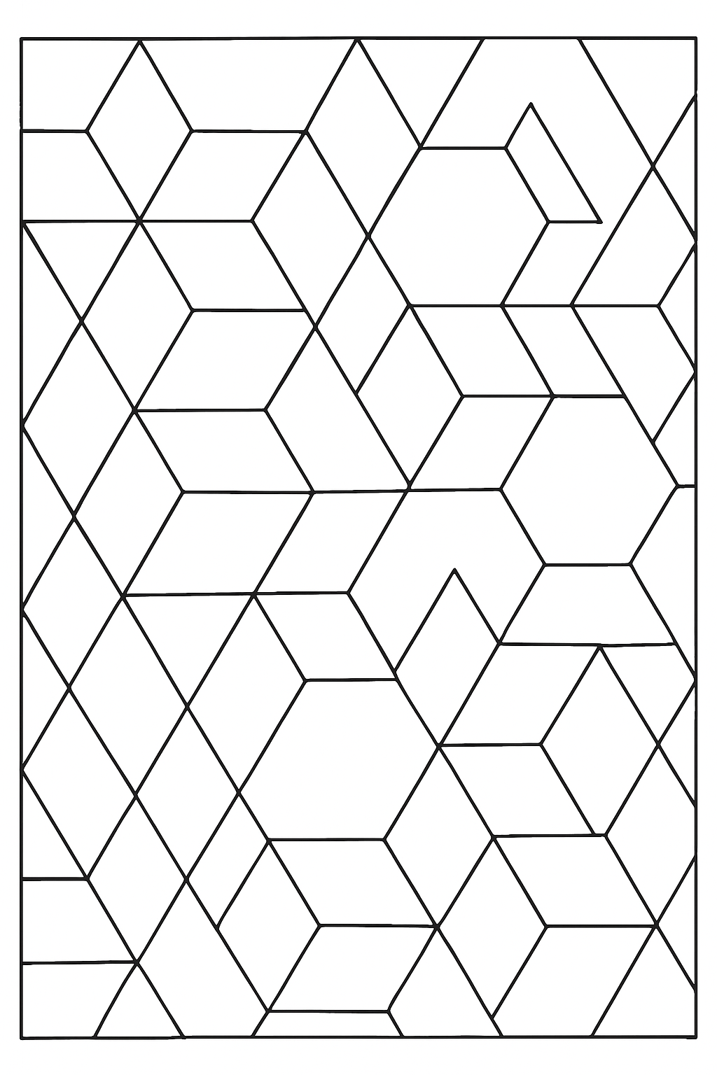 A bold geometric shapes coloring page featuring large hexagons and triangles for easy coloring.
