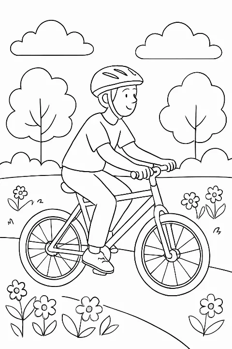 A beautiful cycling coloring page featuring a person biking through a floral park landscape.