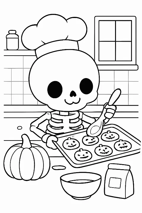 A happy cartoon skeleton baking cookies in this cute skeleton coloring page for kids and adults.