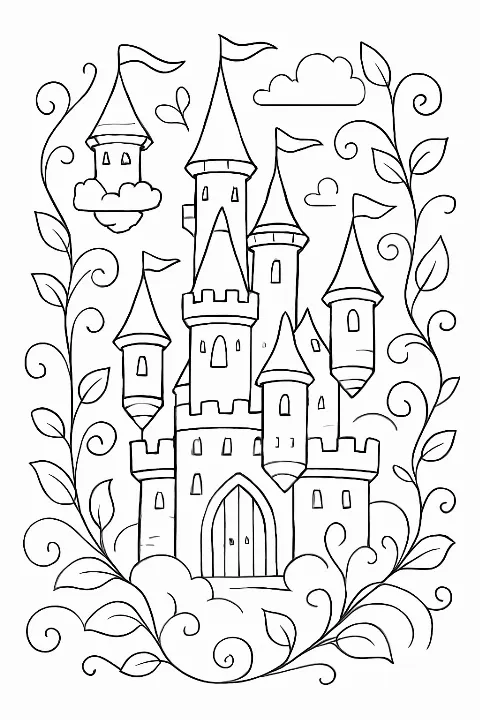 Whimsical fantasy castle coloring page with floating towers and garden details.