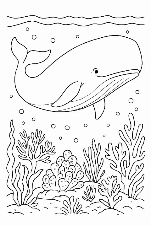 A detailed sperm whale swimming in the ocean on a printable coloring page.