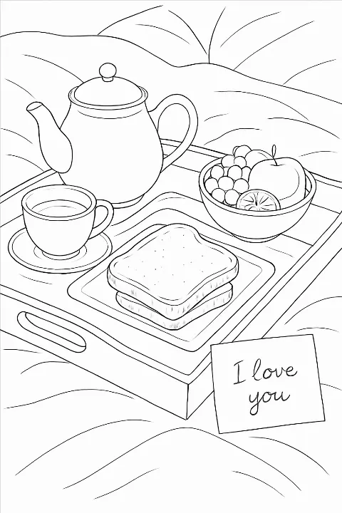 A realistic breakfast in bed coloring page featuring a cozy tray with tea and toast for Mother's Day.