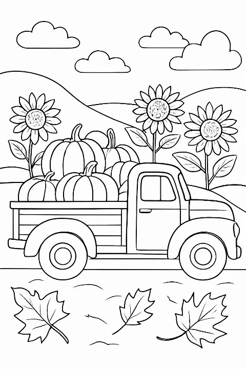 Detailed autumn farm harvest coloring page with a truck full of pumpkins and sunflowers.