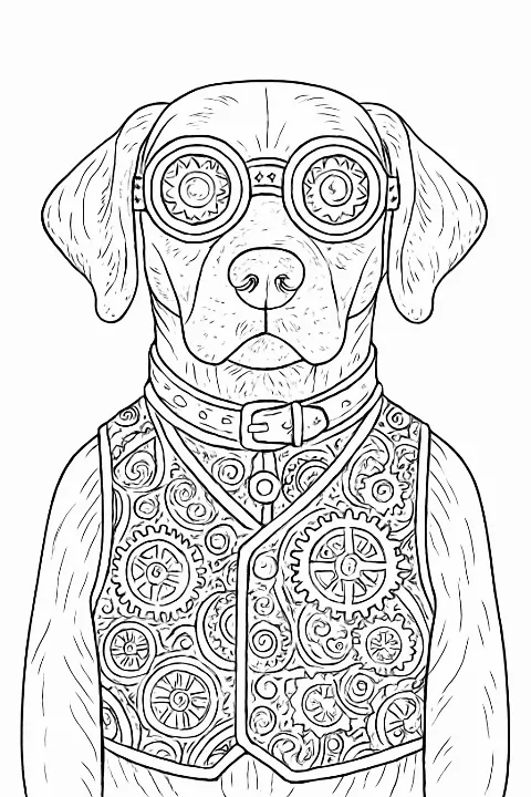 Detailed steampunk dog coloring page featuring mechanical gears and clockwork patterns for advanced coloring.