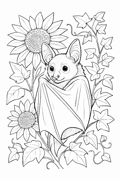 A realistic fruit bat nestled among large sunflowers in this detailed bat in flowers coloring page.