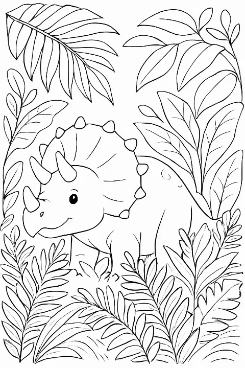A friendly triceratops in a leafy jungle on a printable jungle dinosaurs coloring page.