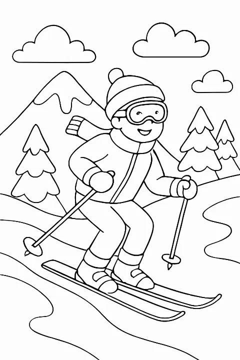 A child-friendly skiing coloring page featuring a skier on a snowy mountain slope with bold, clean lines.