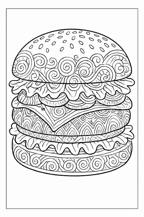 Highly detailed burger feast coloring page with intricate patterns on toppings and bun.