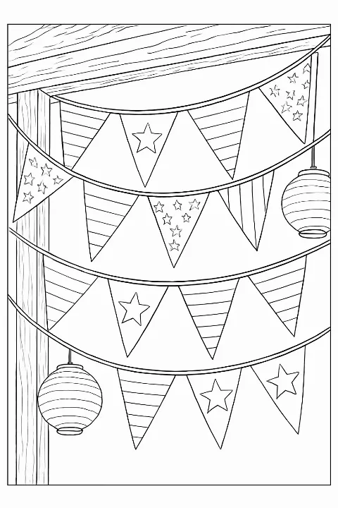 Detailed patriotic bunting coloring page with hanging paper lanterns for summer holiday fun.