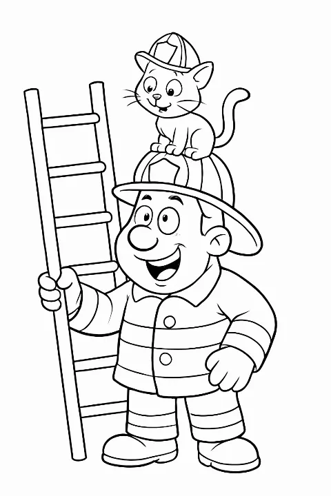 A friendly firefighter with a kitten on their head in this fun firefighter coloring page.