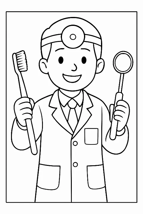 A friendly dentist holding a mirror on this dentist doctor coloring page with bold outlines.
