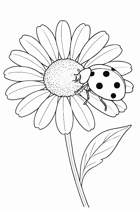 A realistic ladybug on daisy coloring page with clean, bold lines for easy coloring.