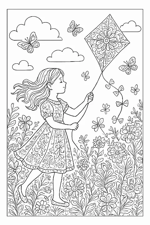 A detailed girl flying kite coloring page featuring a meadow filled with flowers and patterned clouds.