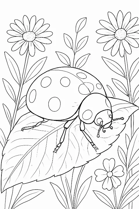 A realistic ladybug on a leaf featured on a detailed ladybug garden coloring page for kids and adults.