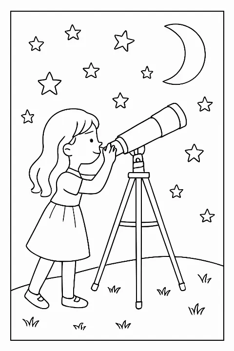 A happy girl stargazing through a telescope on a hill for this creative girl stargazing coloring page.